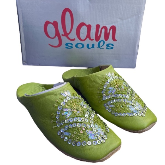 Glam Souls ASHA Moroccan babouche muscat Leather Beaded Sequin Slippers 8 NIB - Picture 6 of 13